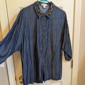 Coldwater Creek Chambray Shirt with Jeweled Collar Size 14